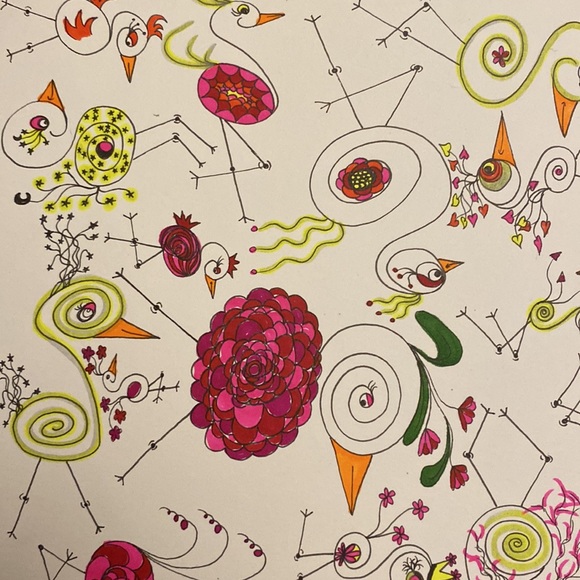 Unframed Original Art Cute Fun Drawing of Swirly Bids & 1 Hidden Chicken to Find - Picture 3 of 6